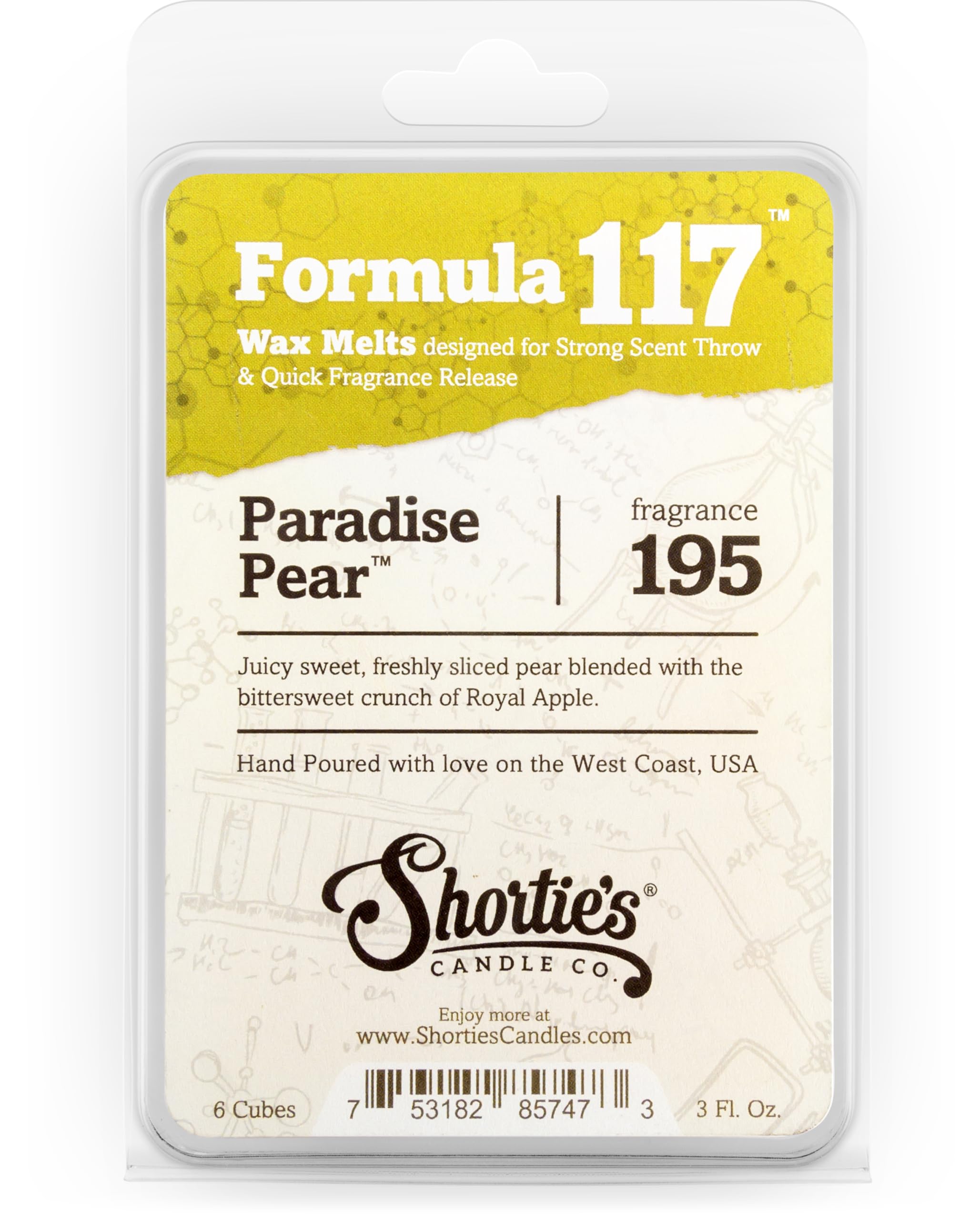 Shortie's Candle Company Paradise Pear Wax Melts - Formula 117-1 Highly Scented 3 Oz. Bar - Made with Natural Oils - Fruit & Ber